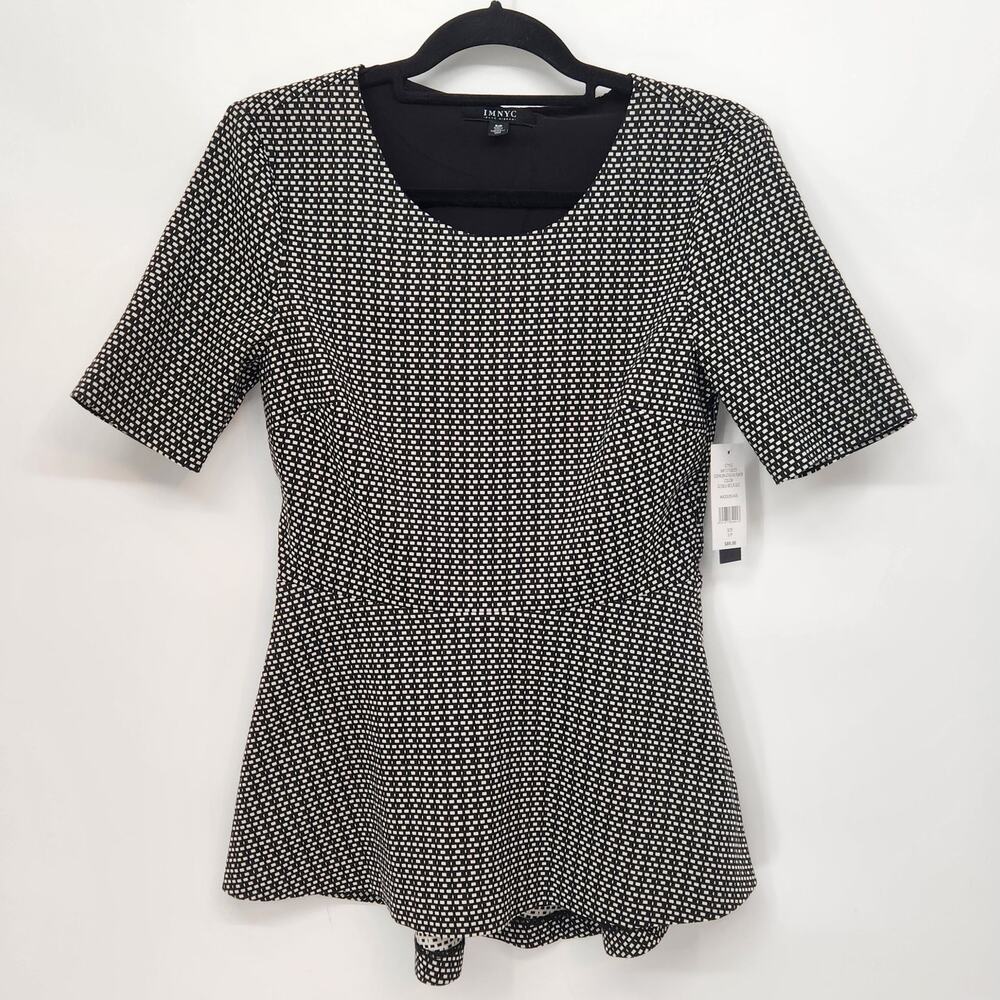 NWT IMNYC Isaac Mizrahi Black & White Square Dotted Peplum Pullover Top Women S